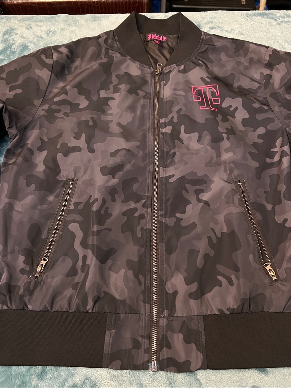 T MOBILE , light ' Black Camo Bomber Jacket size small , perfect condition
